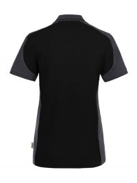 Schwarzes Damen Arbeits Poloshirt mit dunkelgrauen Kontrasteinsätzen und Vier-Loch-Knopfleiste – strapazierfähig und pflegeleicht für Handwerk, Pflege und Gastronomie